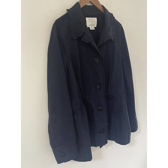 Kate Spade Broome Street Womens Ruffle Utility Military Jacket Navy Blue Button - Picture 4 of 14